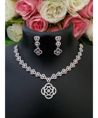 Beautiful Platinum Designer American Diamond Necklace With A Pair Of Cute Ear Rings 1
