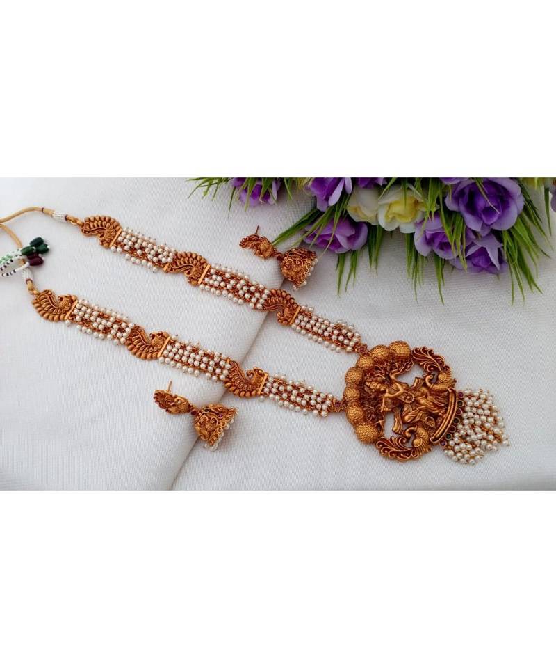 Gorgeous Pearl Cluster Long Necklace With Krishna Pendant & Matching Ear Rings