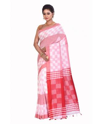 Red Women's Woven Tant Cotton Saree  without Blouse Piece 2