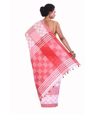 Red Women's Woven Tant Cotton Saree  without Blouse Piece 3
