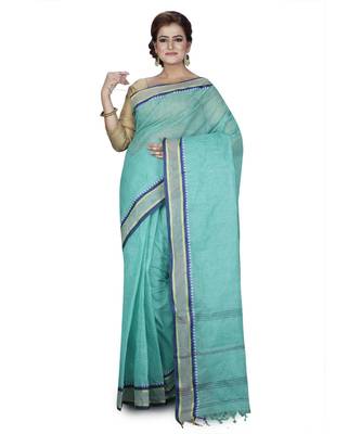 Green Women's Woven Tant Cotton Saree  without Blouse Piece 1