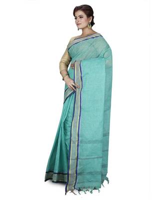 Green Women's Woven Tant Cotton Saree  without Blouse Piece 2