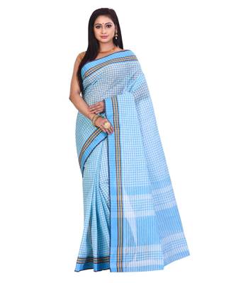 Sky Blue Women's Woven Tant Cotton Saree  without Blouse Piece 1