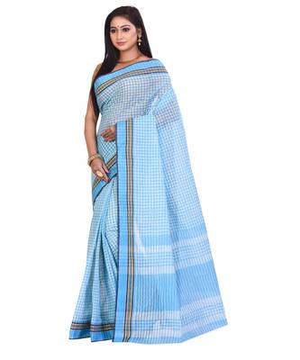 Sky Blue Women's Woven Tant Cotton Saree  without Blouse Piece 2