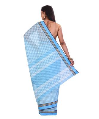 Sky Blue Women's Woven Tant Cotton Saree  without Blouse Piece 3