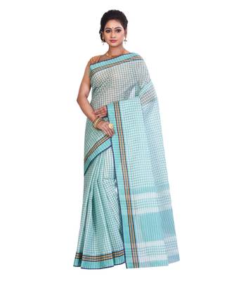 Sky Blue Women's Woven Tant Cotton Saree  without Blouse Piece 1
