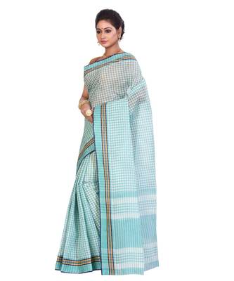 Sky Blue Women's Woven Tant Cotton Saree  without Blouse Piece 2