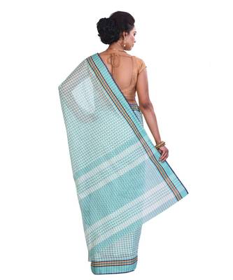 Sky Blue Women's Woven Tant Cotton Saree  without Blouse Piece 3