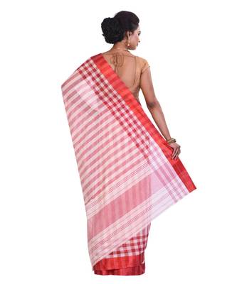 Red Women's Woven Tant Cotton Saree  without Blouse Piece 3