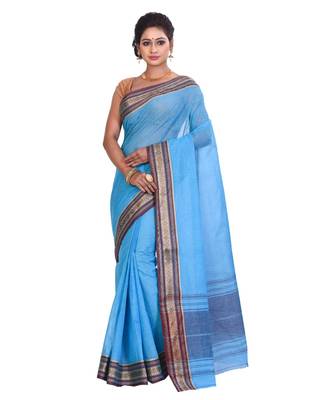 Blue Women's Woven Tant Cotton Saree  without Blouse Piece 1