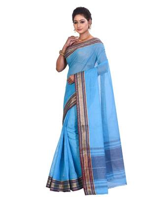 Blue Women's Woven Tant Cotton Saree  without Blouse Piece 2