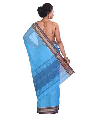 Blue Women's Woven Tant Cotton Saree  without Blouse Piece 3