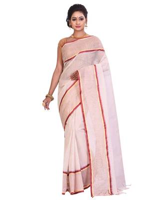 White Women's Woven Tant Cotton Saree  without Blouse Piece 1