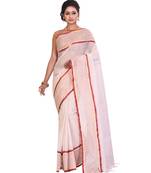 White Women's Woven Tant Cotton Saree  without Blouse Piece