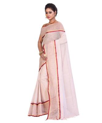 White Women's Woven Tant Cotton Saree  without Blouse Piece 2