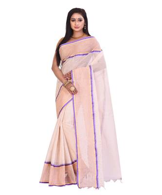 White Women's Woven Tant Cotton Saree  without Blouse Piece 1