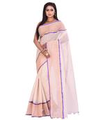 White Women's Woven Tant Cotton Saree  without Blouse Piece