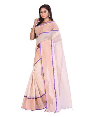 White Women's Woven Tant Cotton Saree  without Blouse Piece 2