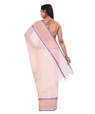 White Women's Woven Tant Cotton Saree  without Blouse Piece 3