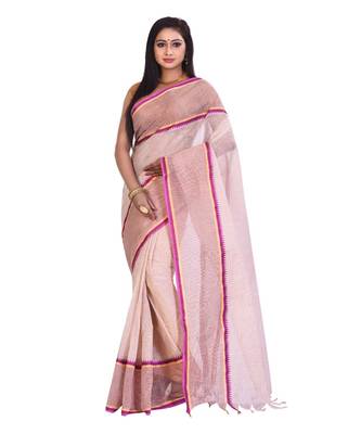 White Women's Woven Tant Cotton Saree  without Blouse Piece 1