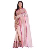White Women's Woven Tant Cotton Saree  without Blouse Piece