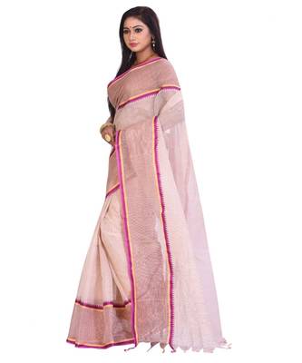 White Women's Woven Tant Cotton Saree  without Blouse Piece 2
