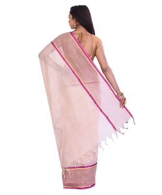 White Women's Woven Tant Cotton Saree  without Blouse Piece 3