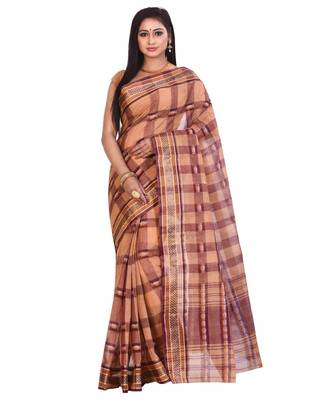 Beige Women's Woven Tant Cotton Saree  without Blouse Piece 1