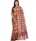 Beige Women's Woven Tant Cotton Saree  without Blouse Piece