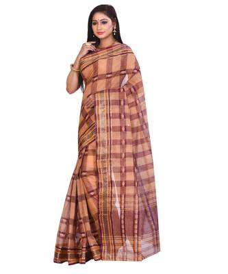 Beige Women's Woven Tant Cotton Saree  without Blouse Piece 2