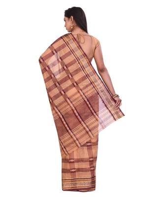 Beige Women's Woven Tant Cotton Saree  without Blouse Piece 3