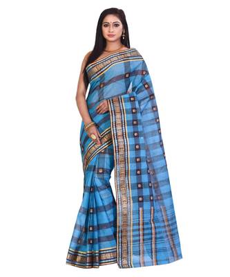 Blue Women's Woven Tant Cotton Saree  without Blouse Piece 1