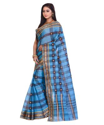 Blue Women's Woven Tant Cotton Saree  without Blouse Piece 2