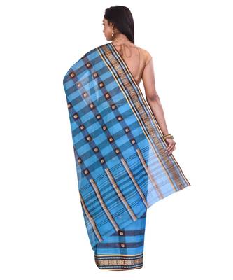 Blue Women's Woven Tant Cotton Saree  without Blouse Piece 3