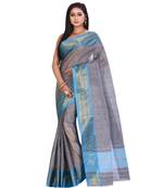 Grey Women's Woven Tant Cotton Saree  without Blouse Piece