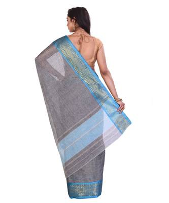 Grey Women's Woven Tant Cotton Saree  without Blouse Piece 3
