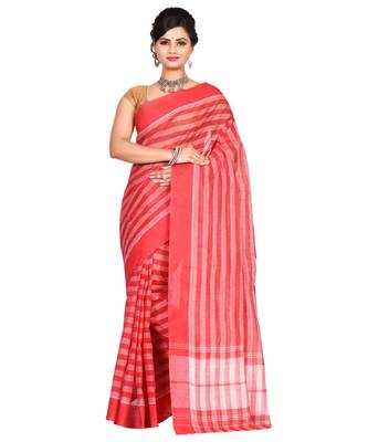 Red Women's Woven Tant Cotton Saree  without Blouse Piece 1