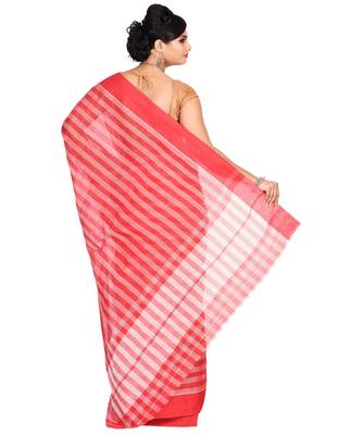 Red Women's Woven Tant Cotton Saree  without Blouse Piece 3