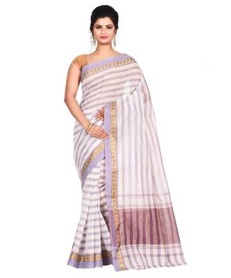 White Women's Woven Tant Cotton Saree  without Blouse Piece 1