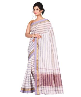White Women's Woven Tant Cotton Saree  without Blouse Piece 2