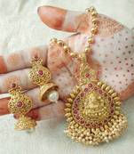 Lalso Beautiful Ruby 22" Brass Chain Pearl Beaded Bandhani Laxmi Pendant Earring Set - LBLPS01_RB
