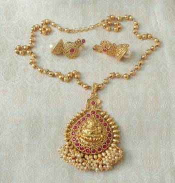 Lalso Beautiful Ruby 22" Brass Chain Pearl Beaded Bandhani Laxmi Pendant Earring Set - LBLPS01_RB 2