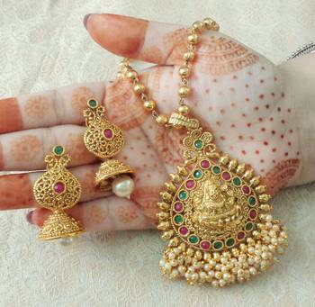 Lalso Beautiful Ruby Green 22" Brass Chain Pearl Beaded Bandhani Laxmi Pendant Earring Set - LBLPS01_RG 1