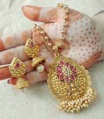 Lalso Beautiful Ruby 22" Brass Chain Pearl Beaded Bandhani Laxmi Pendant Earring Set - LBLPS02_RB