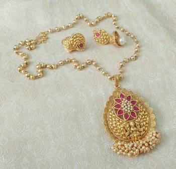 Lalso Beautiful Ruby 22" Brass Chain Pearl Beaded Bandhani Laxmi Pendant Earring Set - LBLPS02_RB 2