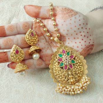 Lalso Beautiful Ruby Green 22" Brass Chain Pearl Beaded Bandhani Laxmi Pendant Earring Set - LBLPS02_RG 1