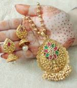 Lalso Beautiful Ruby Green 22" Brass Chain Pearl Beaded Bandhani Laxmi Pendant Earring Set - LBLPS02_RG