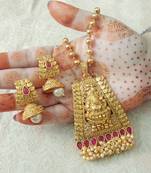 Lalso Beautiful Ruby 22" Brass Chain Pearl Beaded Bandhani Laxmi Pendant Earring Set - LBLPS03_RB