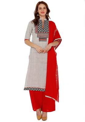 Women's Grey & Red Cotton Embroidered Unstitch Dress Material With Dupatta 1
