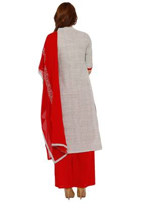 Women's Grey & Red Cotton Embroidered Unstitch Dress Material With Dupatta 2